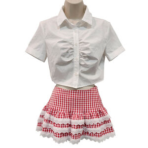 Shein Red & White Gingham Lace Trim Skirt Skort Button Down Top Set Women's XS